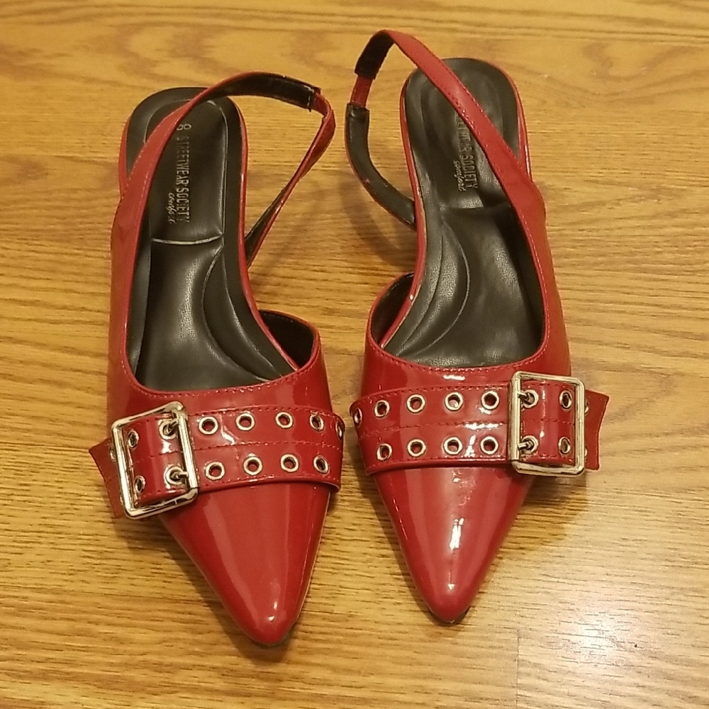 Streetwear Society Red Patent Pointed Slingback Pumps with Buckle